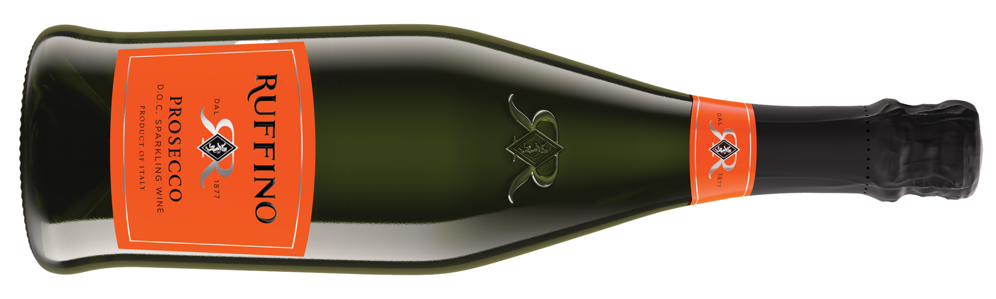 Green bottle of prosecco with an orange label and seal.