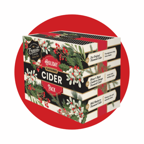A white and black striped box of ciders.