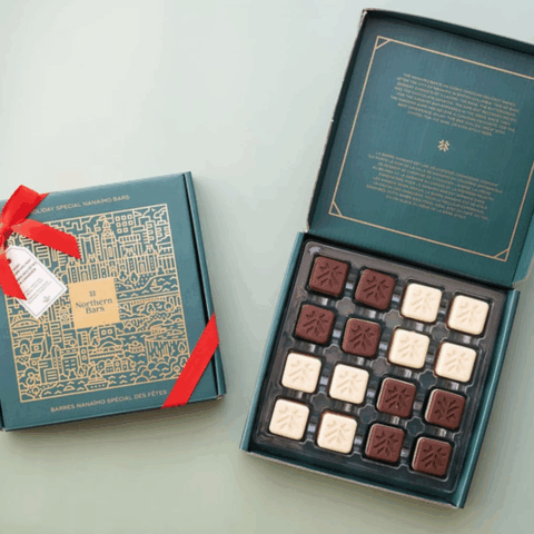 holiday Special 16-piece Nanaimo Bar box. Featuring Classic, Eggnog, Spiced Apple, and Candy Cane flavours, it’s a delicious hostess gift