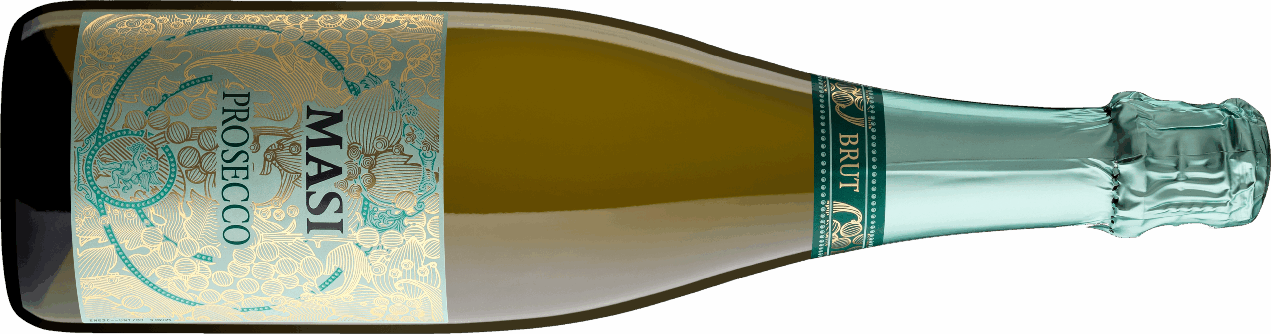 Green bottle of wine with a turquoise label and top. 