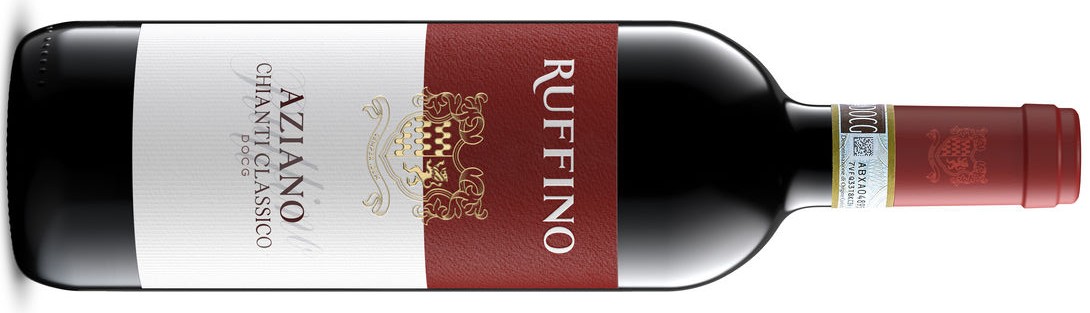 Black bottle of wine with a red and white label.