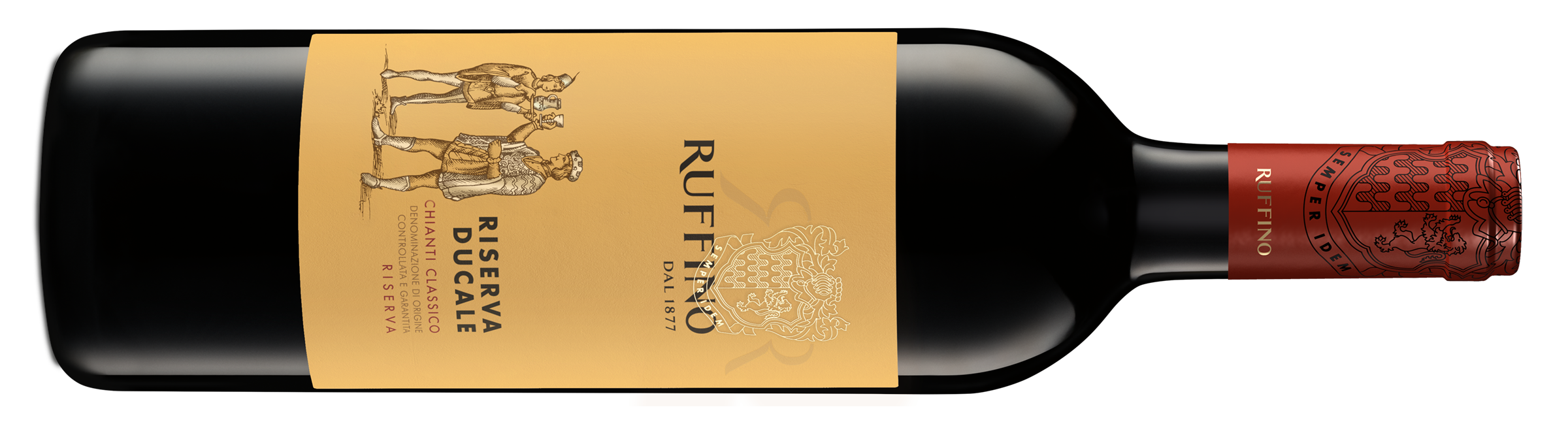 Black bottle of wine with a tan label and red seal. 