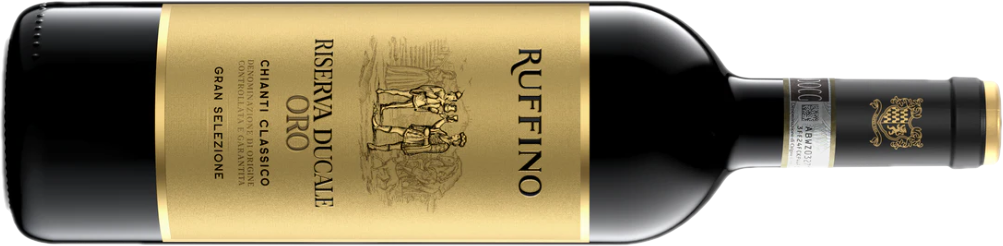 Black bottle of wine with gold label and seal.