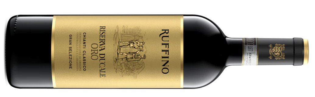 Black bottle of wine with a gold label and seal.