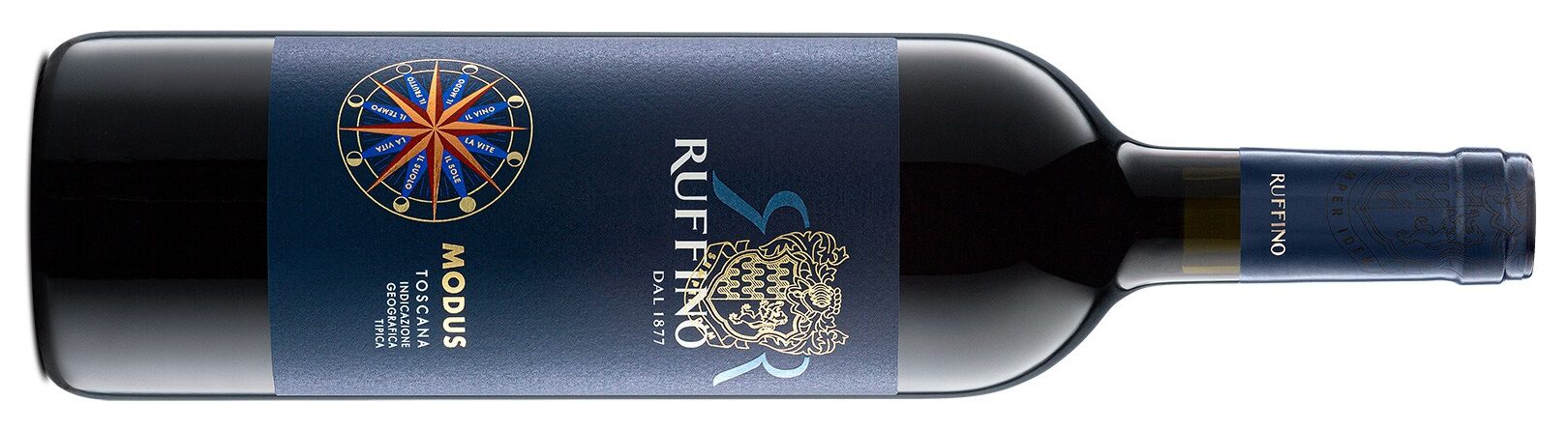 Black bottle of wine with a blue label and seal.