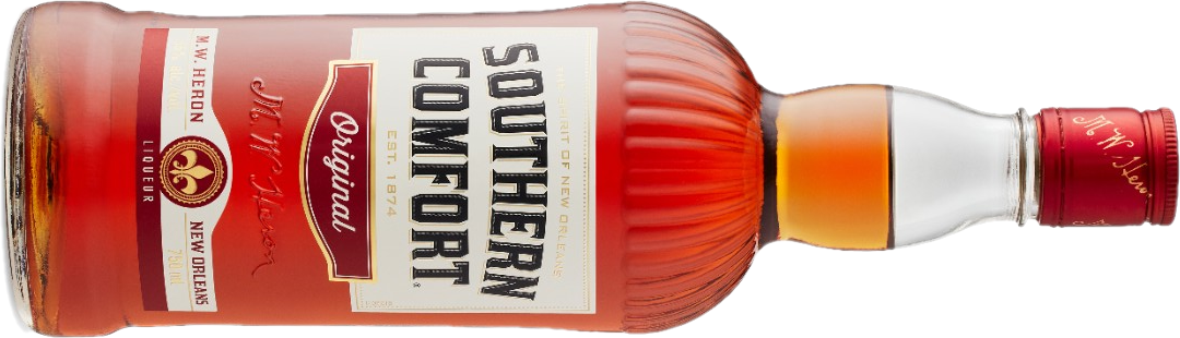 A pink bottle of whisky-based liqueur with a white label and red seal. 