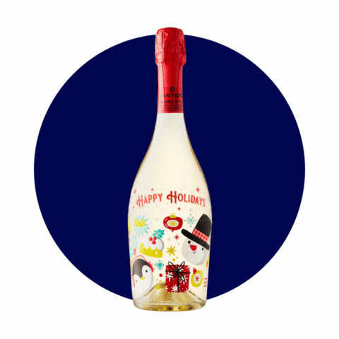 A light yellow bottle of wine with a festive illustrated design and red seal.