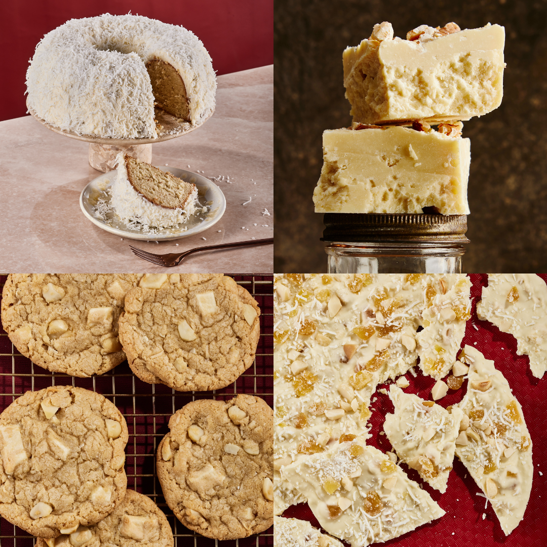 A grid of four white chocolate holiday recipes.