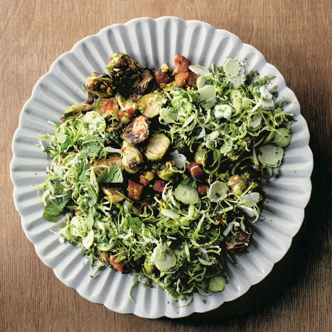 matty matheson green olive dressing Matheson's Brussels Sprouts With Bacon, Mint and Pistachio Green salad