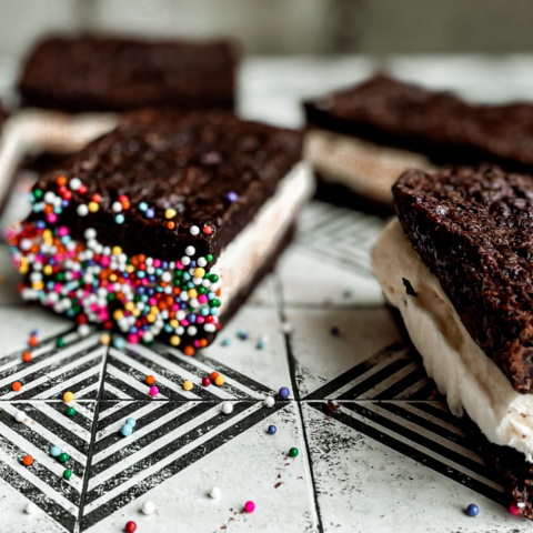 Gluten-free brownie ice cream sandwiches with rainbow sprinkles
