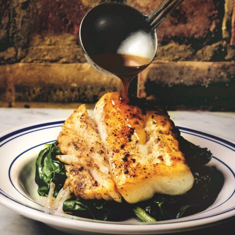 Seared Cod with Brown Butter vinaigrette and Scrunchions